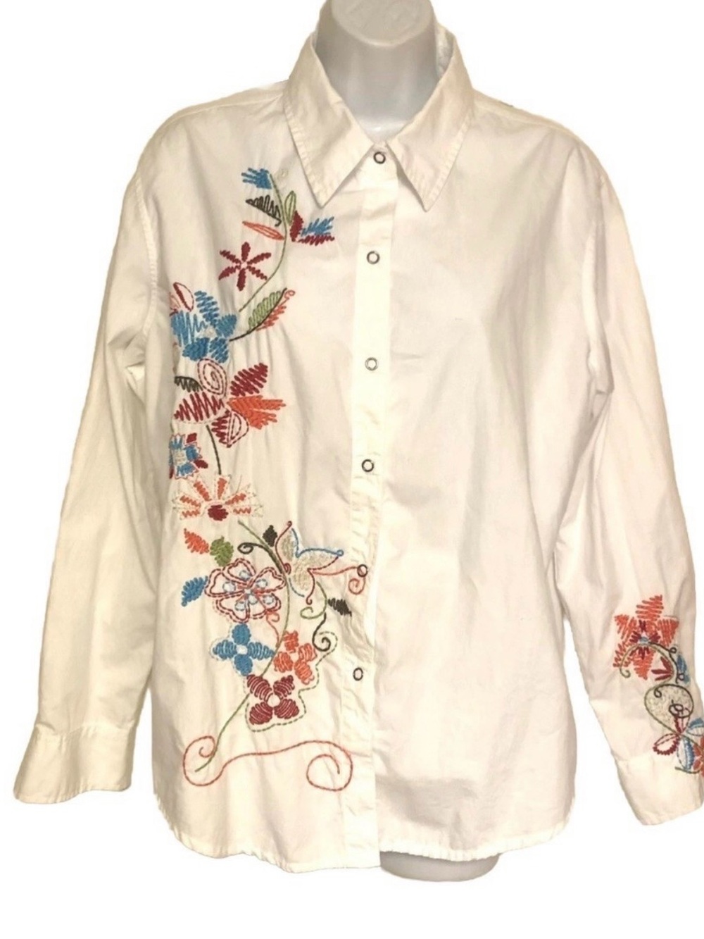 Chico’s Embroidered Women Long Sleeves White Shirt Blouse L 100% Cotton
